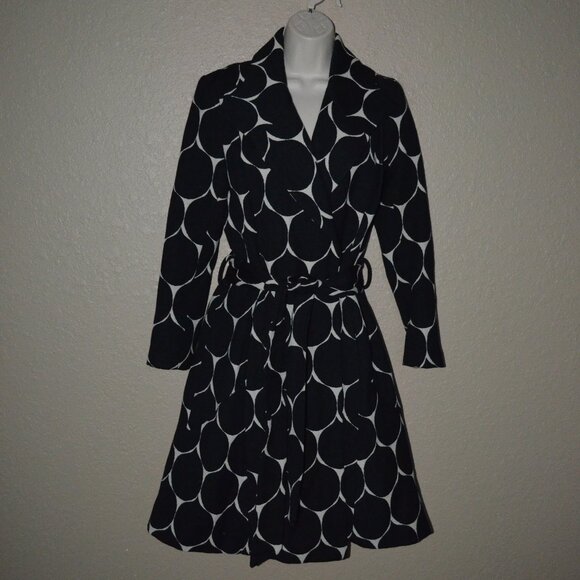 Sz 4 Tracy Reece Black White Print Belted Wool Blend Long Coat - Picture 1 of 8